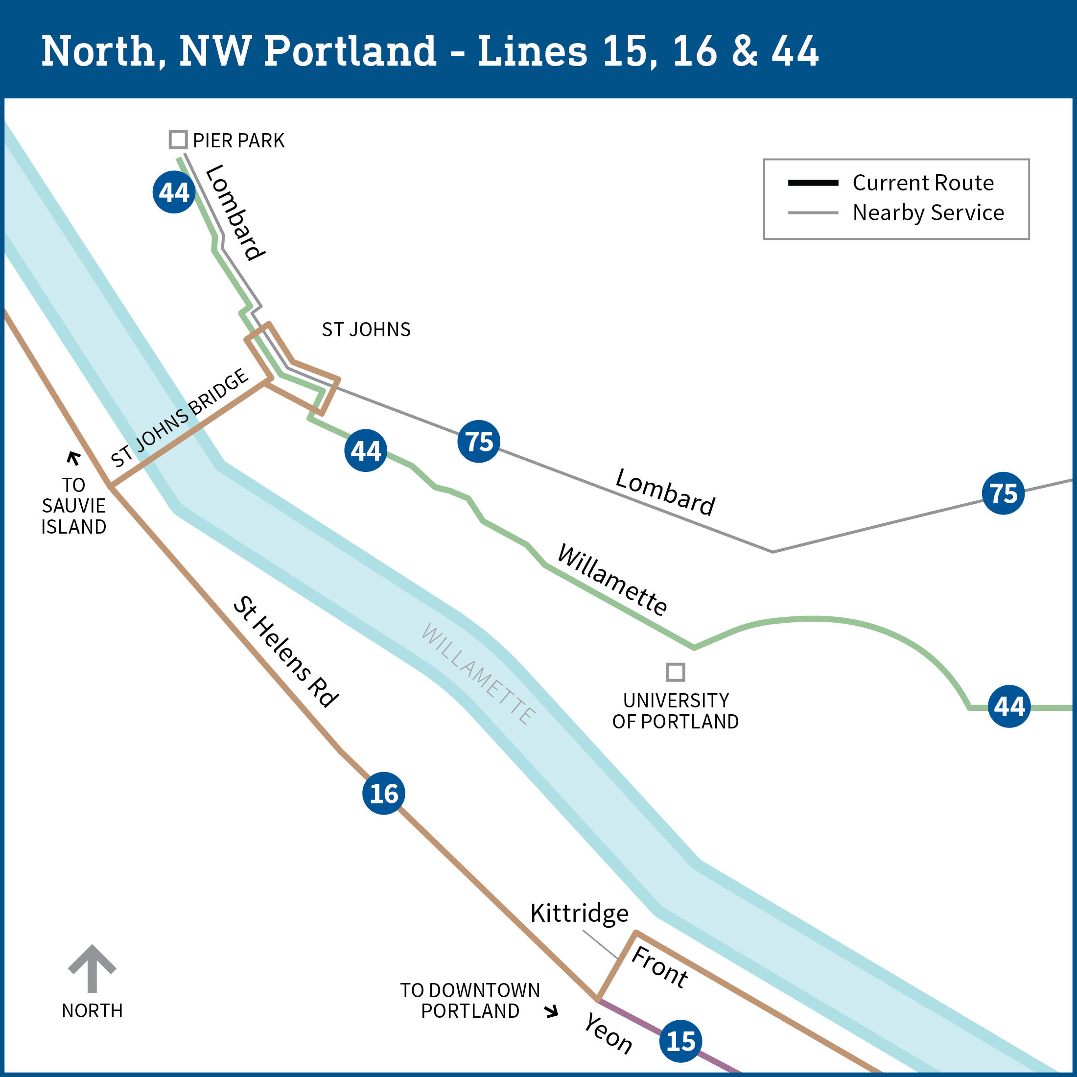Map of north and northwest Portland shows current routes for bus lines 15, 16, 44 and 75.