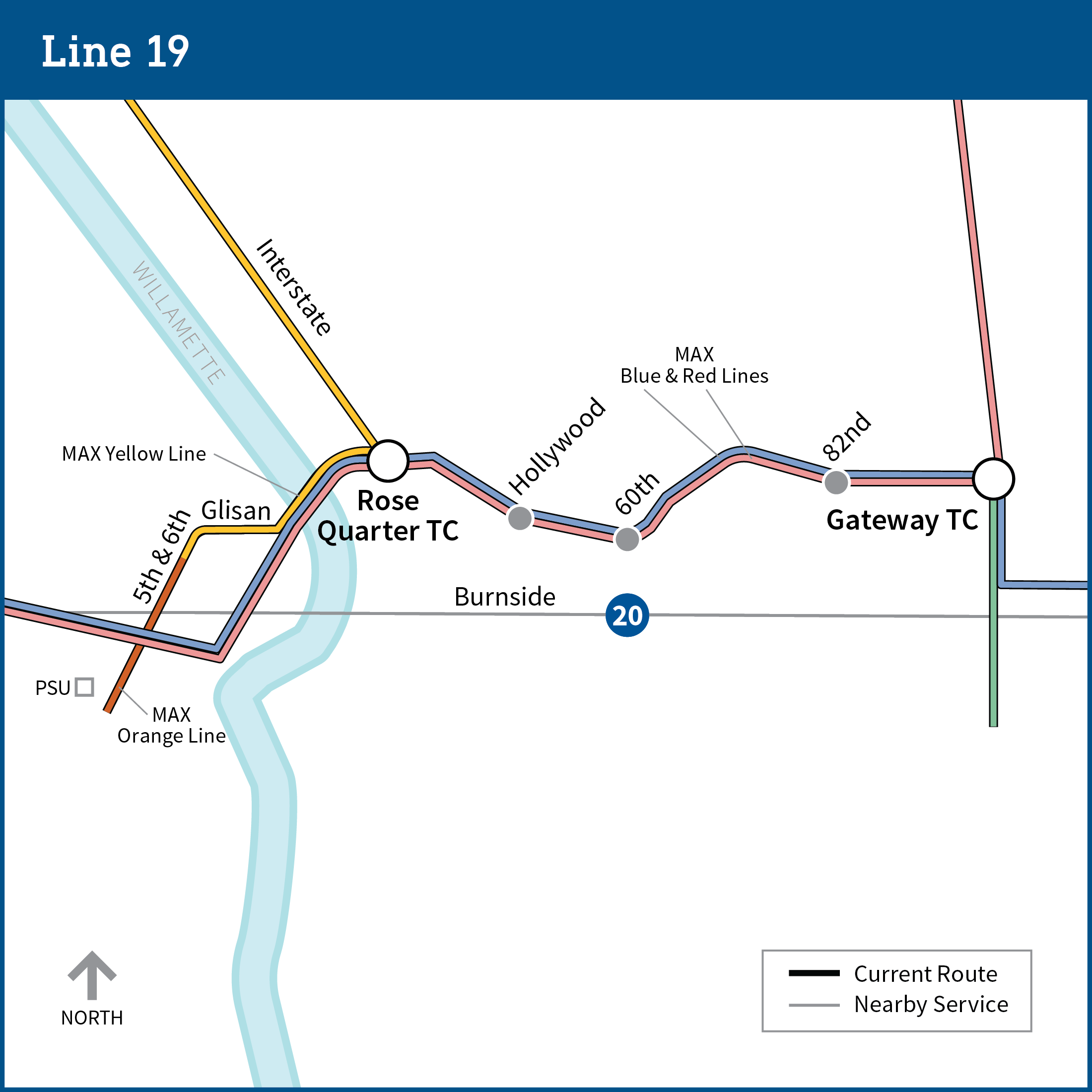 Map of SE Portland shows proposed changes, where line 19 would be eliminated with other existing lines providing service to the same area, including line 20 and MAX Orange, Yellow, Blue, Red, and Green lines.