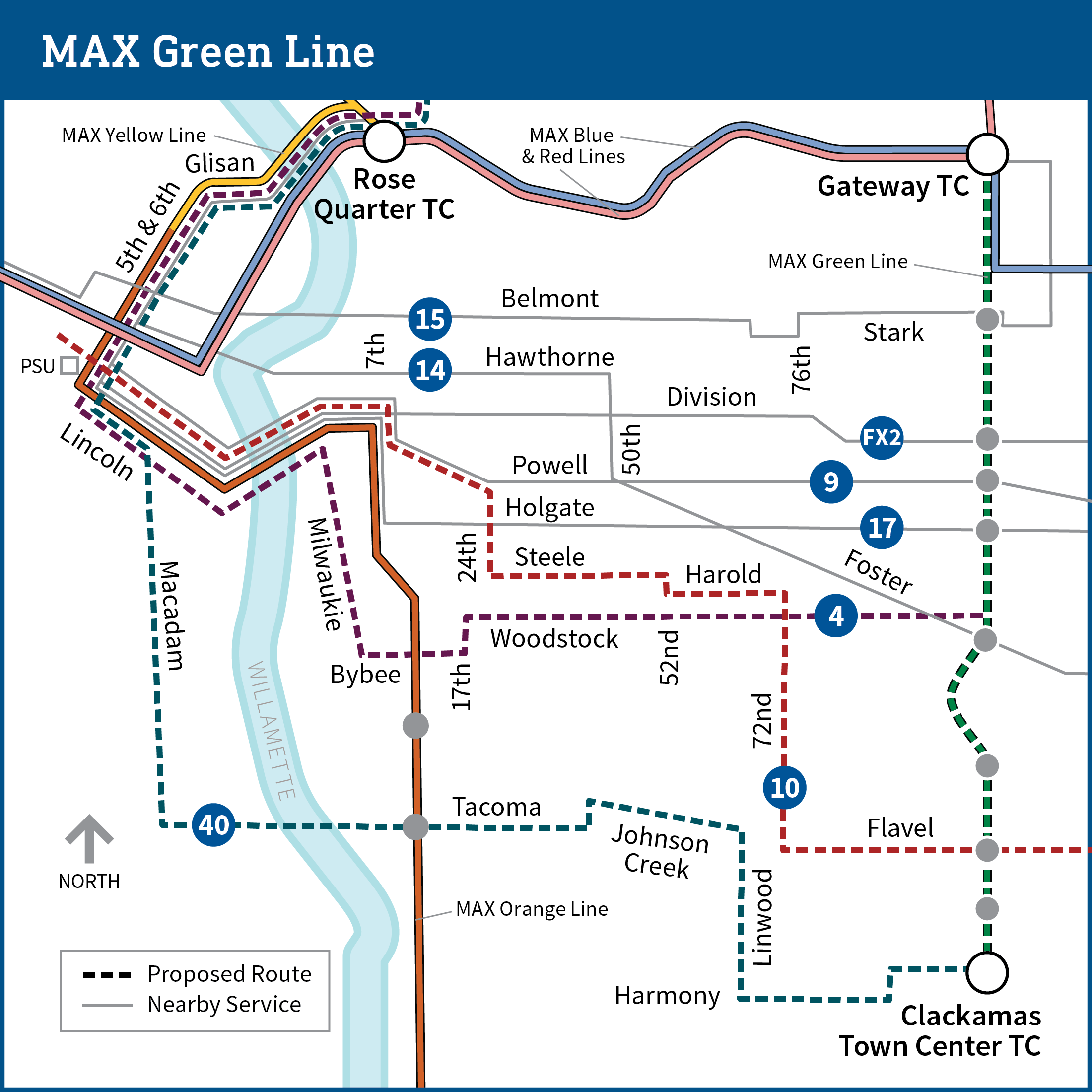 Map shows parts of northeast, southeast and downtown Portland with proposed transit line changes. The MAX Green Line with proposed changes runs from Gateway Transit Center to Clackamas Town Center, with stops noted at Rose Quarter Transit Center, Gateway Transit Center, SE Stark, SE Division, SE Powell, SE Holgate, SE Foster and SE Flavel. The Line 40 bus route is shown to highlight service to the stops that will no longer be served by the Green line, with service from Clackamas Town Center to Rose Quarter Transit Center.